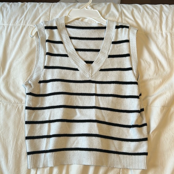 Cute Women’s Striped White and Black Sweater Vest - Picture 1 of 3